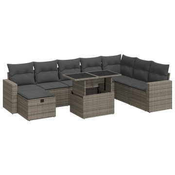 Set canapele de grădină, 9 piese, cu perne, gri, poliratan - Img 2