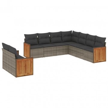 Set canapele de grădină, 9 piese, cu perne, gri, poliratan - Img 2