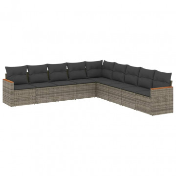 Set canapele de grădină, 9 piese, cu perne, gri, poliratan - Img 2