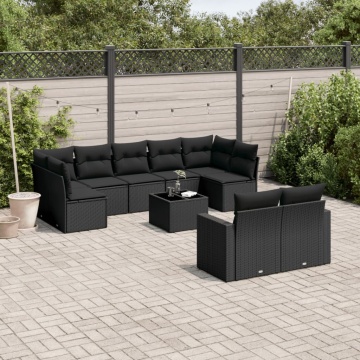 Set canapele de grădină cu perne, 10 piese, negru, poliratan - Img 1