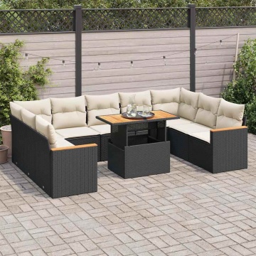 Set canapele de grădină cu perne, 10 piese, negru, poliratan - Img 1