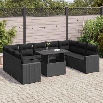 Set canapele de grădină cu perne, 10 piese, negru, poliratan - Img 1