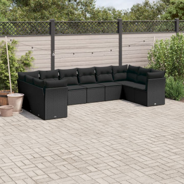 Set canapele de grădină cu perne, 10 piese, negru, poliratan - Img 1
