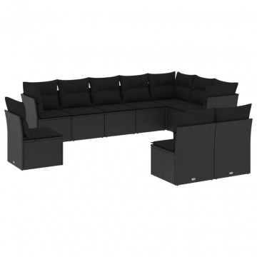 Set canapele de grădină cu perne, 10 piese, negru, poliratan - Img 2