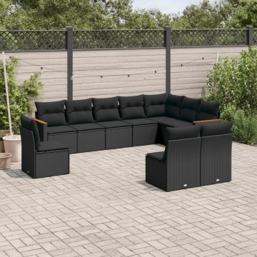 Set canapele de grădină cu perne, 10 piese, negru, poliratan - Img 1