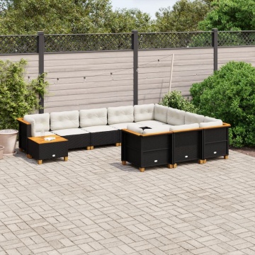 Set canapele de grădină cu perne, 11 piese, negru, poliratan - Img 1