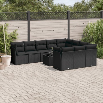 Set canapele de grădină cu perne, 11 piese, negru, poliratan - Img 1