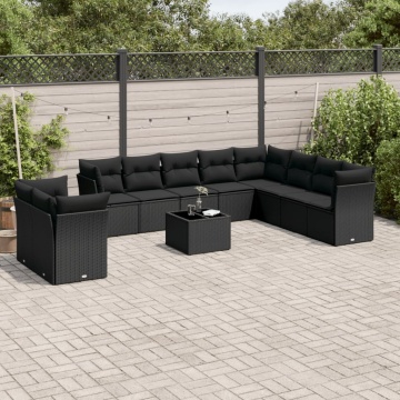 Set canapele de grădină cu perne, 11 piese, negru, poliratan - Img 1