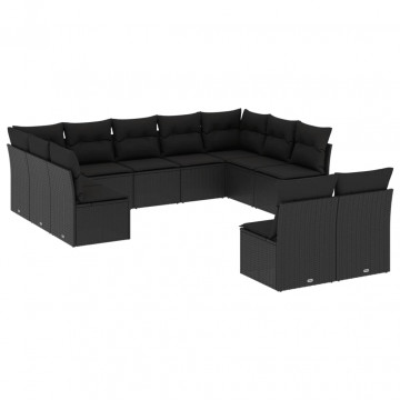 Set canapele de grădină cu perne, 11 piese, negru, poliratan - Img 2