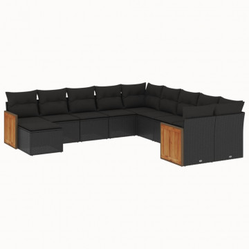 Set canapele de grădină cu perne, 11 piese, negru, poliratan - Img 2