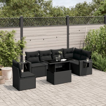Set canapele de grădină cu perne, 7 piese, negru, poliratan - Img 1