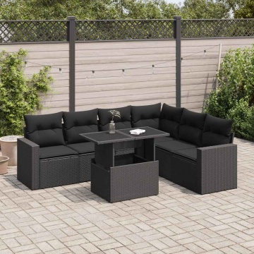 Set canapele de grădină cu perne, 7 piese, negru, poliratan - Img 1