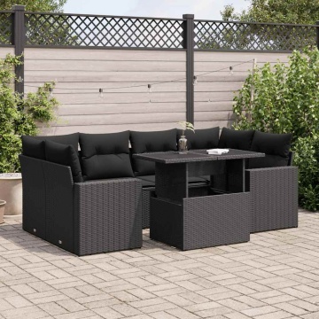 Set canapele de grădină cu perne, 7 piese, negru, poliratan - Img 1