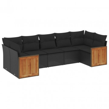 Set canapele de grădină cu perne, 7 piese, negru, poliratan - Img 2