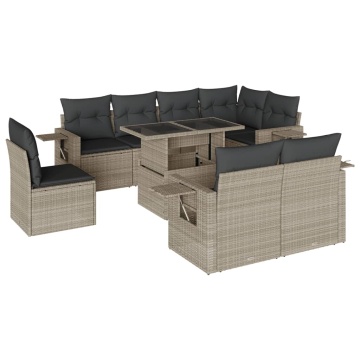 Set canapele de grădină cu perne, 9 piese gri deschis poliratan - Img 2
