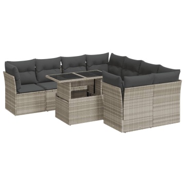 Set canapele de grădină cu perne, 9 piese gri deschis poliratan - Img 2