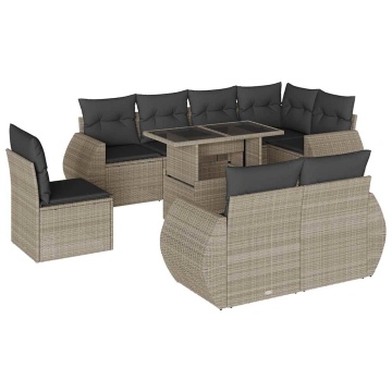 Set canapele de grădină cu perne, 9 piese gri deschis poliratan - Img 2