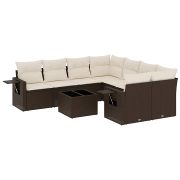 Set canapele de grădină cu perne, 9 piese, maro, poliratan - Img 2