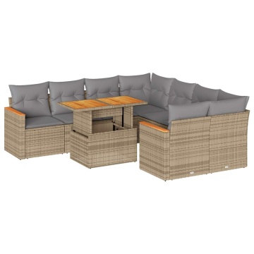 Set canapele grădină cu perne 9 piese bej poliratan/lemn acacia - Img 2