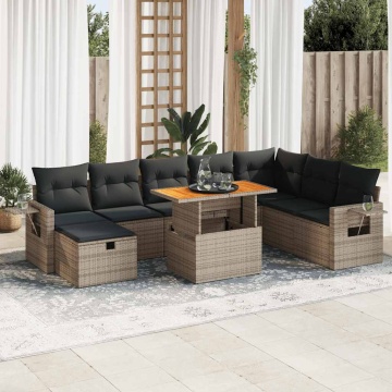 Set canapele grădină cu perne 9 piese gri poliratan/lemn acacia - Img 1