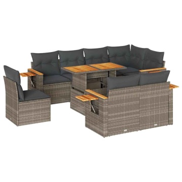 Set canapele grădină cu perne 9 piese gri poliratan/lemn acacia - Img 2