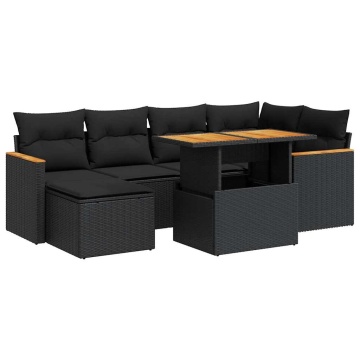 Set canapele grădină perne 7 piese negru, poliratan/lemn acacia - Img 2