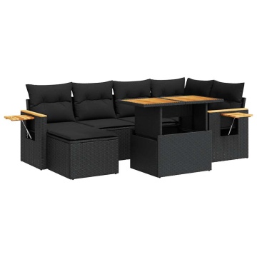 Set canapele grădină perne 7 piese negru, poliratan/lemn acacia - Img 2