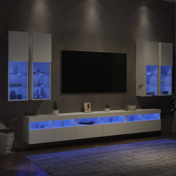 Set comode TV de perete, 7 piese, cu lumini LED, alb - Img 4
