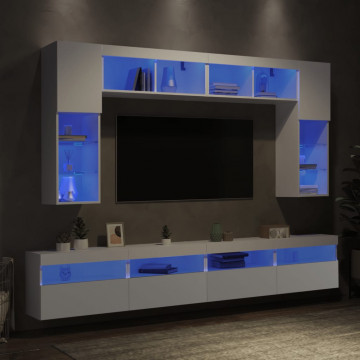 Set comode TV de perete, 8 piese, cu lumini LED, alb - Img 4