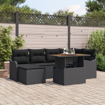 Set de 7 Piese Sofa Grădină cu Pernuțe Negru din Ratan Polimer Acacia, Sofa Grădină cu 2 Locuri și Pernuțe Negre din Ratan Polimer - Img 1