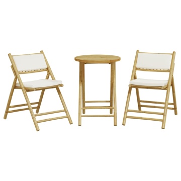 Set de bistro pliabil, 3 piese, cu perne alb crem, bambus - Img 4