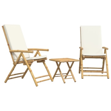 Set de bistro pliabil, 3 piese, cu perne alb crem, bambus - Img 2