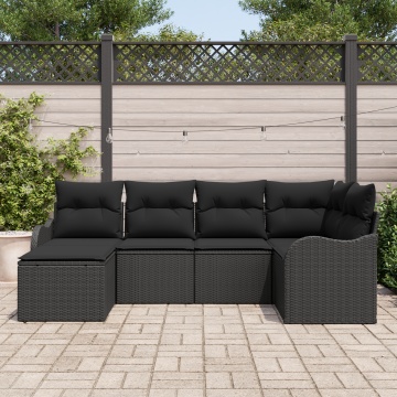 Set de canapea de grădină 6 piese cu perne Ratan poliester negru, Canapea de grădină 2 căi cu perne Ratan poliester negru - Img 3