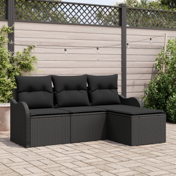 Set de Canapea Grădină 4 Piese cu Perne Rattan Polimer Negru, Canapea de Grădină 2 Locuri cu Perne Rattan Polimer Negru - Img 1