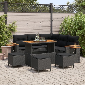 Set de canapea pentru grădină 9 Piese cu perne Negru Ratan sintetic Acacia, Set de dining pentru grădină 4 Piese cu perne Negru Ratan sintetic Acacia - Img 1