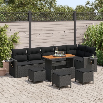Set de Canapea pentru Grădină cu Perne Neagră Ratan Poly Acacia, Set de Cină pentru Grădină cu Perne Neagră Ratan Poly Acacia - Img 1
