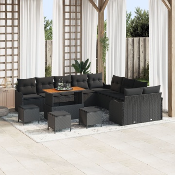 Set de Canapea pentru Grădină de 14 piese cu Perne Negru Poliratan Acacia, Canapea de Grădină cu 2 locuri și Perne Negru Poliratan, Set de Dining pentru Grădină de 4 piese cu Perne Negru Poliratan Acacia - Img 1