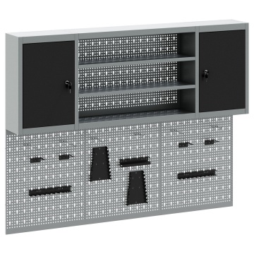 Set de dulap de unelte și panou de prindere , 6 piese, montat pe perete, metal negru - Img 2
