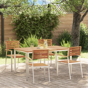 Set de Masă pentru Grădină 5 Piese Lemn Masiv de Acacia, Masă de Exterior 150x90x75 cm Lemn Masiv de Acacia, Scaune Grădină Stivuite 4 buc Lemn Masiv de Acacia și Oțel - Img 1