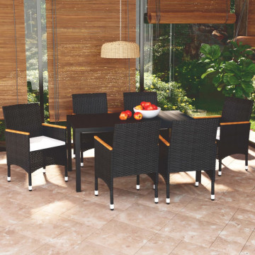 Set de masă pentru grădină cu perne, 7 piese, negru, poliratan - Img 1