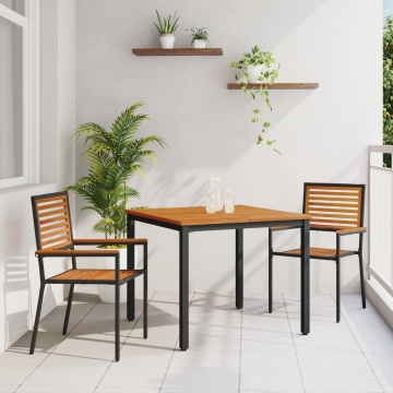 Set de Masă pentru Grădină de 3 Piese Rattan Poly Negru Acacia, Scaune de Grădină Stivuibile cu Perne 2 buc Rattan Poly Negru, Masă de Grădină 90x90x75 cm Lemn Solid de Acacia și Metal - Img 1