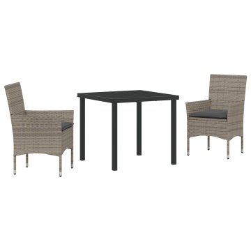 Set de mese pentru grădină cu perne din ratan sintetic gri în 3 piese, Masă de grădină Neagră 80x80x73 cm din sticlă securizată - Img 2