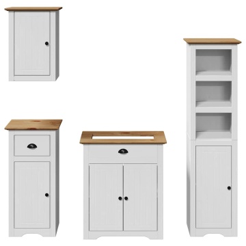 Set de mobilier de baie 4 piese lemn masiv de pin alb și maro - Img 4