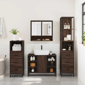 Set de mobilier de baie din 4 piese din lemn de stejar maro - Img 4