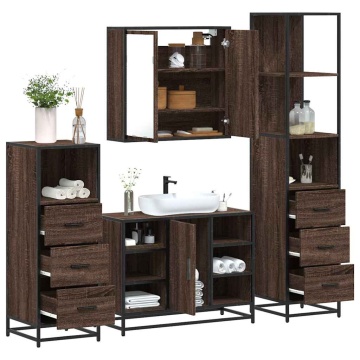 Set de mobilier de baie din 4 piese din lemn de stejar maro - Img 1