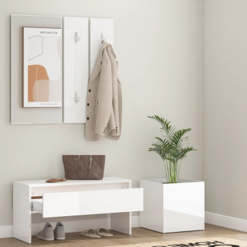 Set de mobilier pentru hol, alb extralucios, lemn prelucrat - Img 3