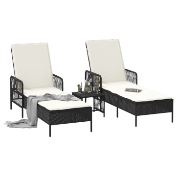 Set de Șezlonguri Set de 3 Negru și crem Ratan PE, metal Pliabil - Img 3