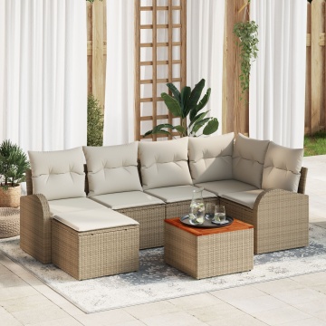 Set de Sofa pentru Grădină cu 7 Piese și Perne Bej Ratan Polimeric Acacia, Sofa de Grădină pentru 2 Persoane cu Spațiu de Depozitare și Perne Bej Ratan Polimeric - Img 1