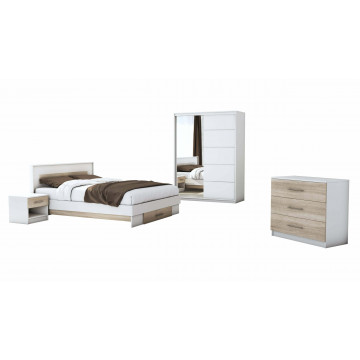 Set dormitor Beta, alb / sonoma, dulap 150 cm, pat 140×200 cm, 2 noptiere, comoda - Img 2