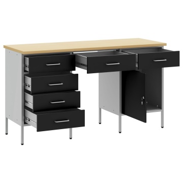 Set dulap de lucru cu masă, 3 piese, negru, lemn și oțel - Img 4